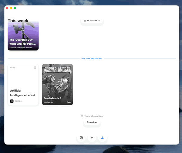 Reed: a macOS reader grouping RSS, YouTube, Are.na and Backloggd into a single feed, with a reader view and shareable profiles