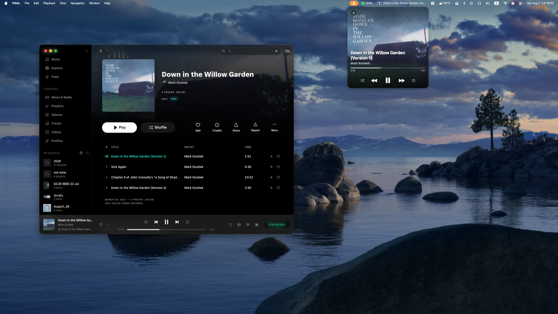 Tidal Mini Player: a compact TIDAL-styled player floating over the desktop while TIDAL plays
